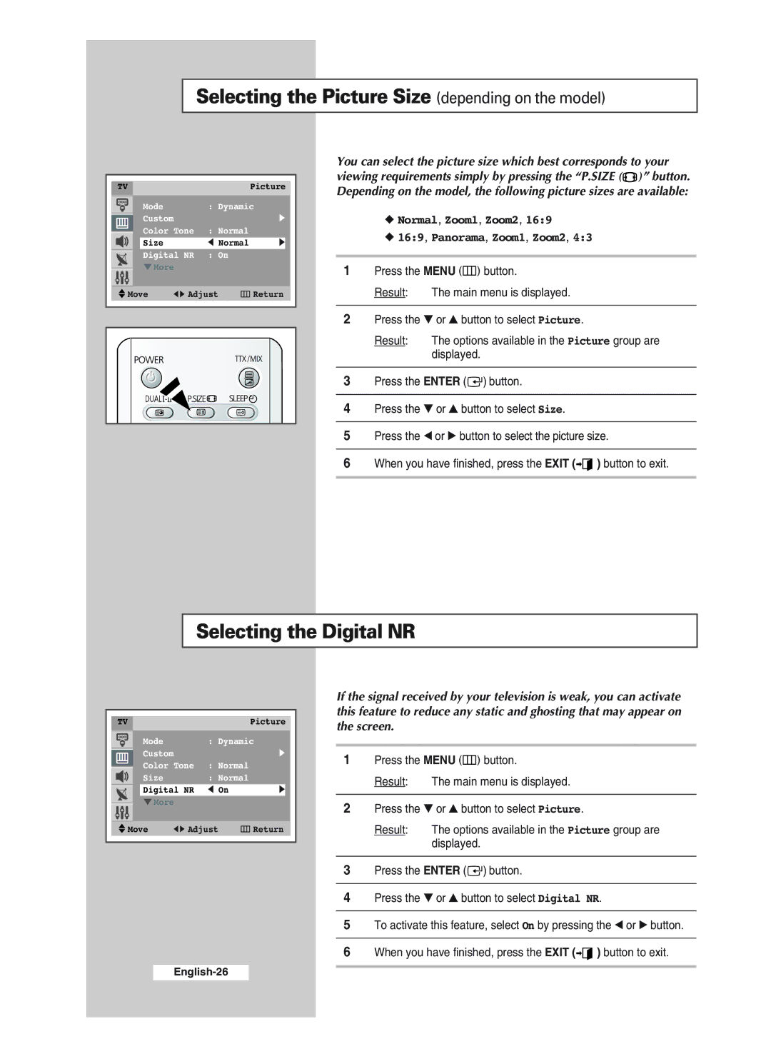 Samsung CS34A11SP, WS32A11SP, WS32A11SS Selecting the Picture Size depending on the model, Selecting the Digital NR, Screen 