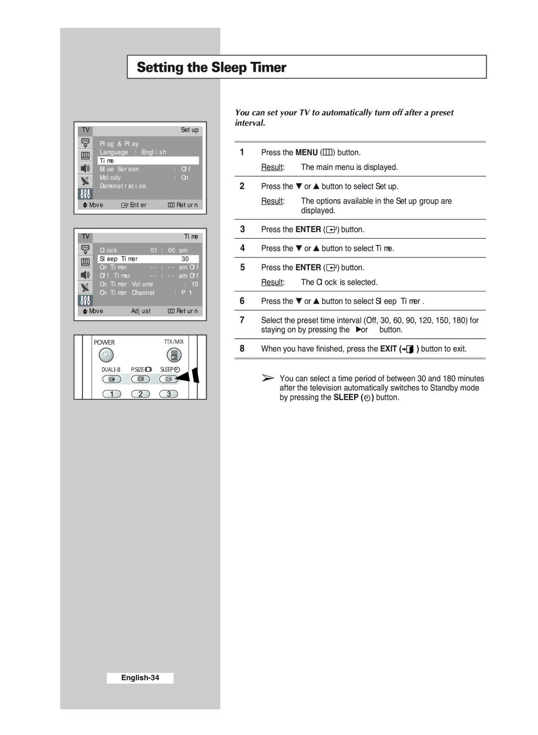 Samsung WS32A11SS, WS32A11SP, CS29A6SP, CS29A11SP, CS34A11SP, CS29M20SS, CS29Z4SS, CS29Z4SP, CS29A7SP Setting the Sleep Timer 