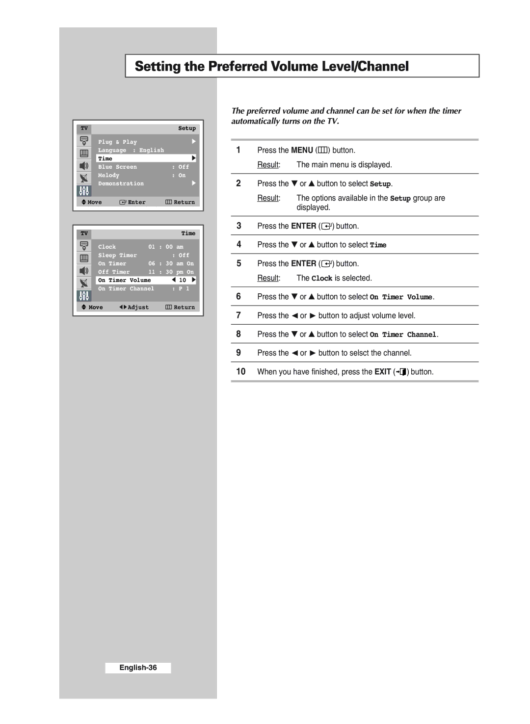 Samsung CS29A11SP, WS32A11SP, WS32A11SS, CS29A6SP, CS34A11SP, CS29M20SS, CS29Z4SS Setting the Preferred Volume Level/Channel 