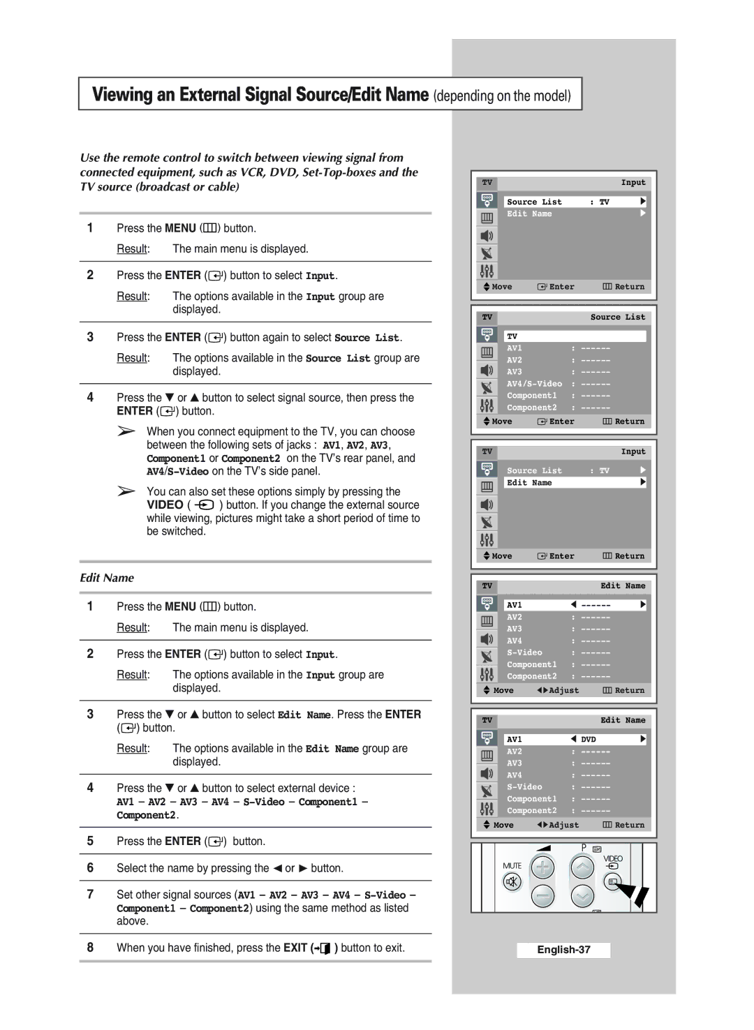 Samsung CS34A11SP, WS32A11SP, WS32A11SS, CS29A6SP, CS29A11SP manual Edit Name, AV1 AV2 AV3 AV4 S-Video Component1 Component2 