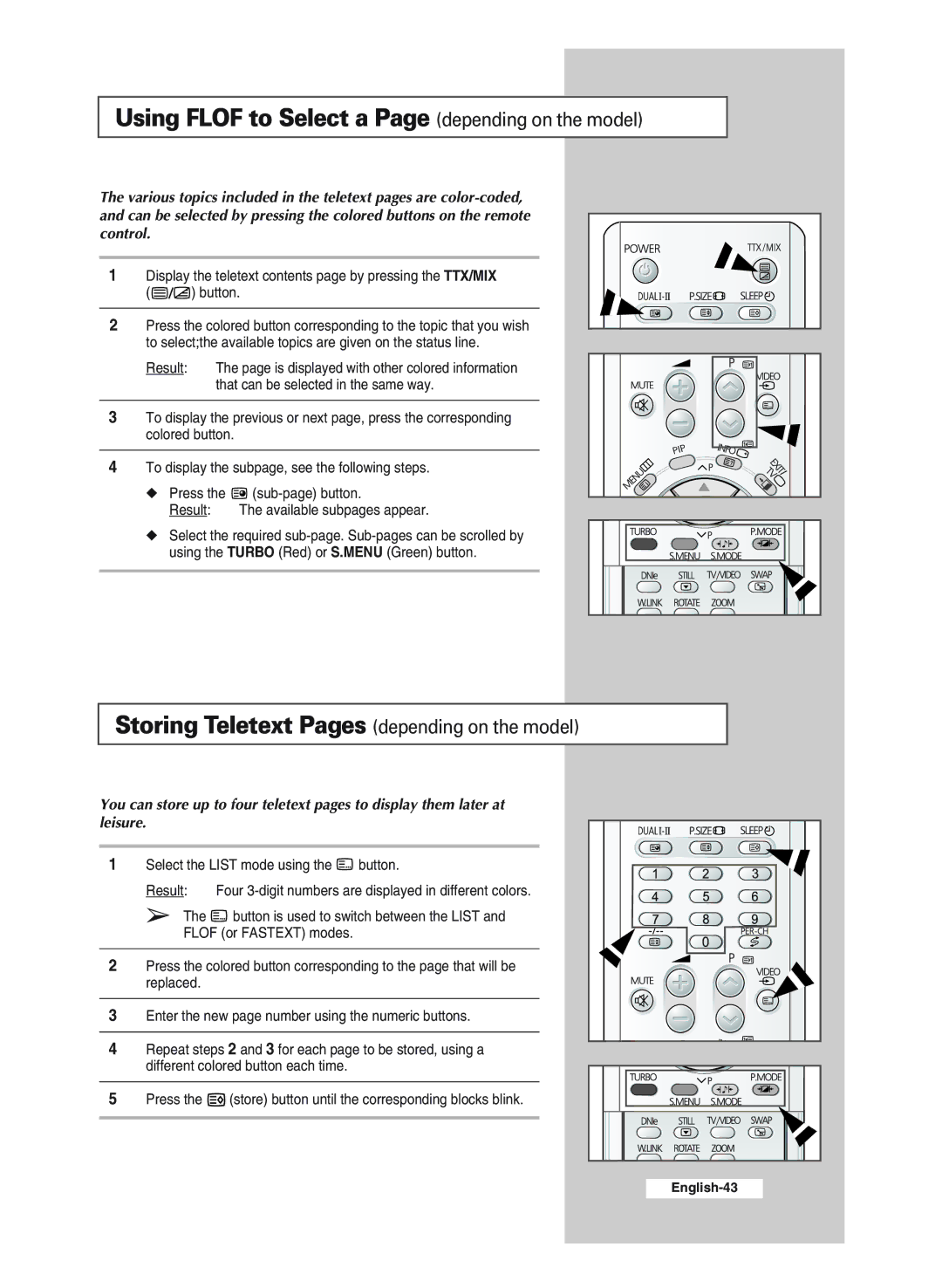 Samsung CS34A11SS manual Using Flof to Select a Page depending on the model, Storing Teletext Pages depending on the model 