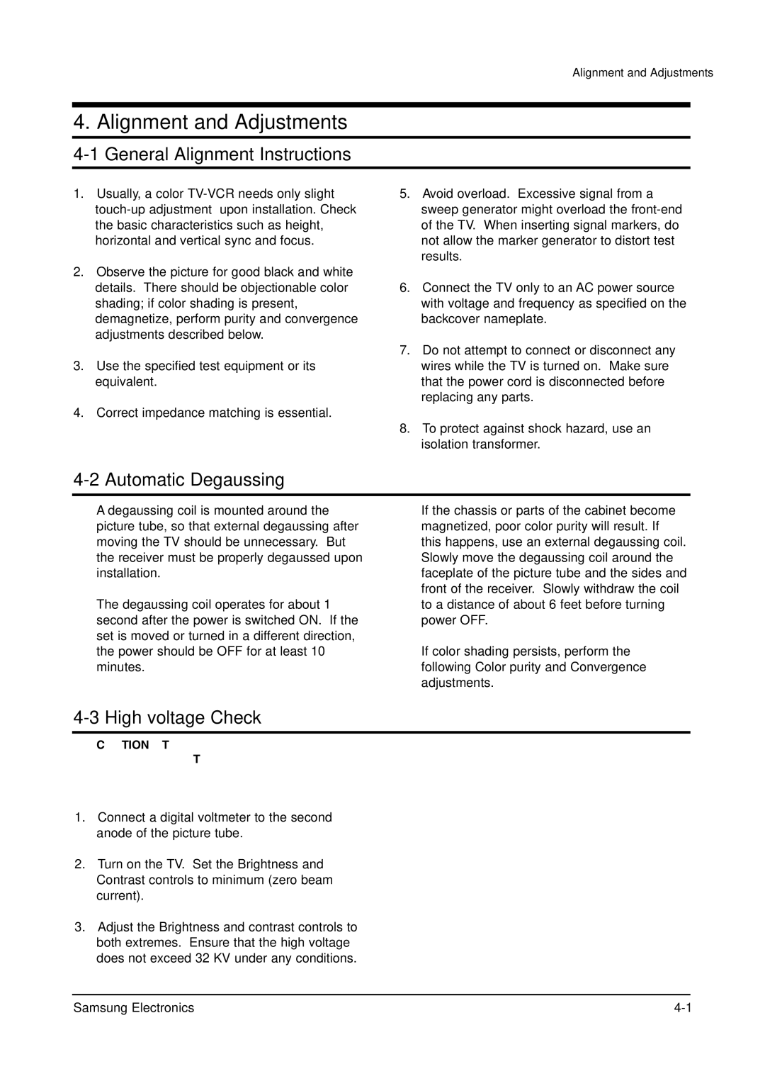 Samsung WS28V53NS8XXEC Alignment and Adjustments, General Alignment Instructions, Automatic Degaussing, High voltage Check 