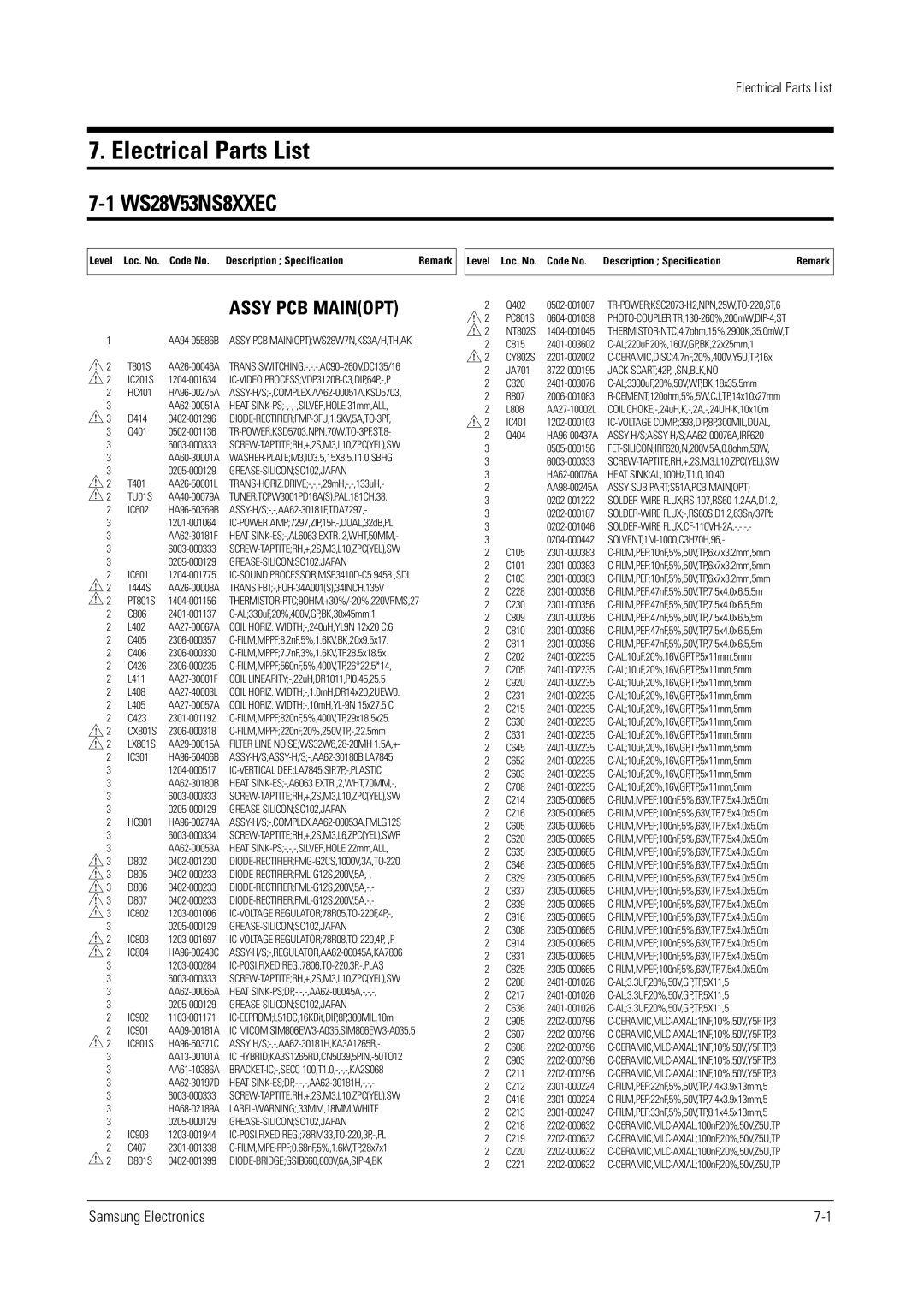 Samsung WS28V55VS8XXEC, WS32V56VS8XXEC specifications Electrical Parts List, WS28V53NS8XXEC 