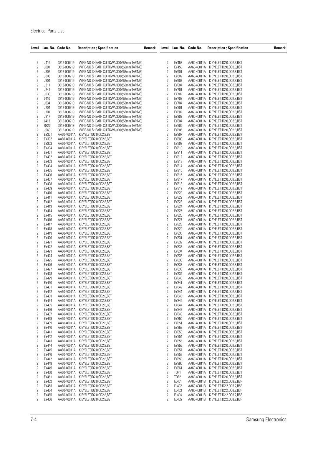 Samsung WS28V55VS8XXEC, WS32V56VS8XXEC, WS28V53NS8XXEC EYELETID2.0,OD2.8,BST TOP1, EYELETID2.0,OD2.8,BST TOP2 