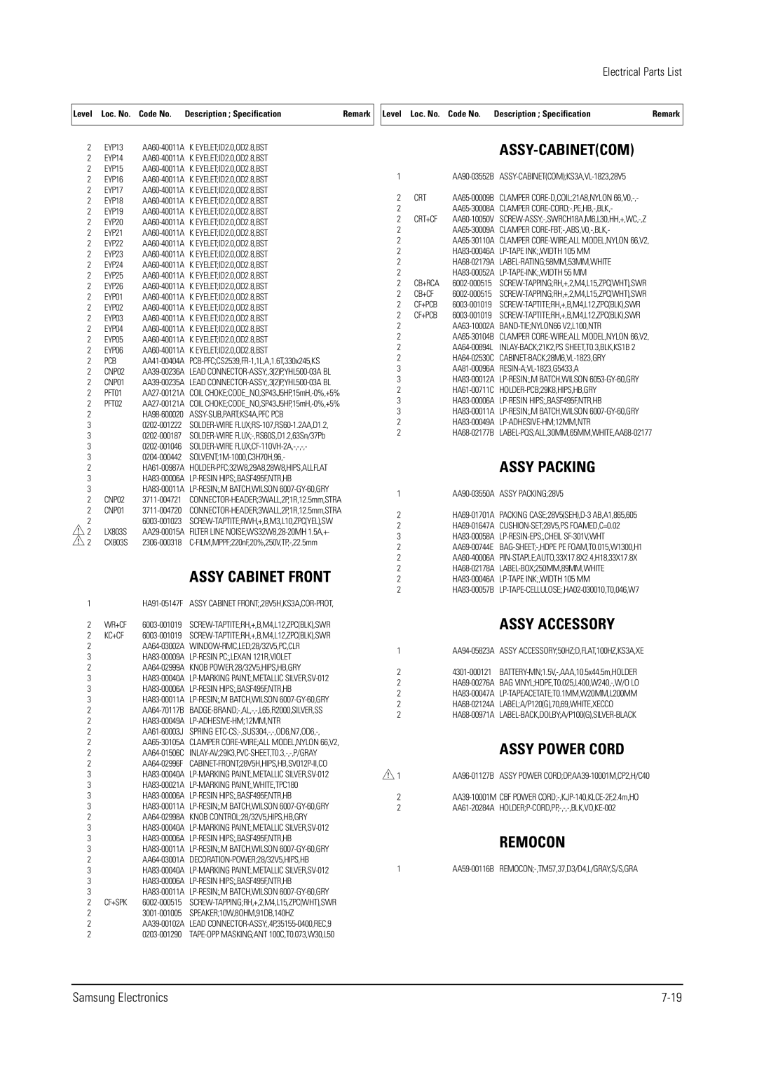 Samsung WS28V55VS8XXEC, WS32V56VS8XXEC, WS28V53NS8XXEC specifications Assy Cabinet Front 