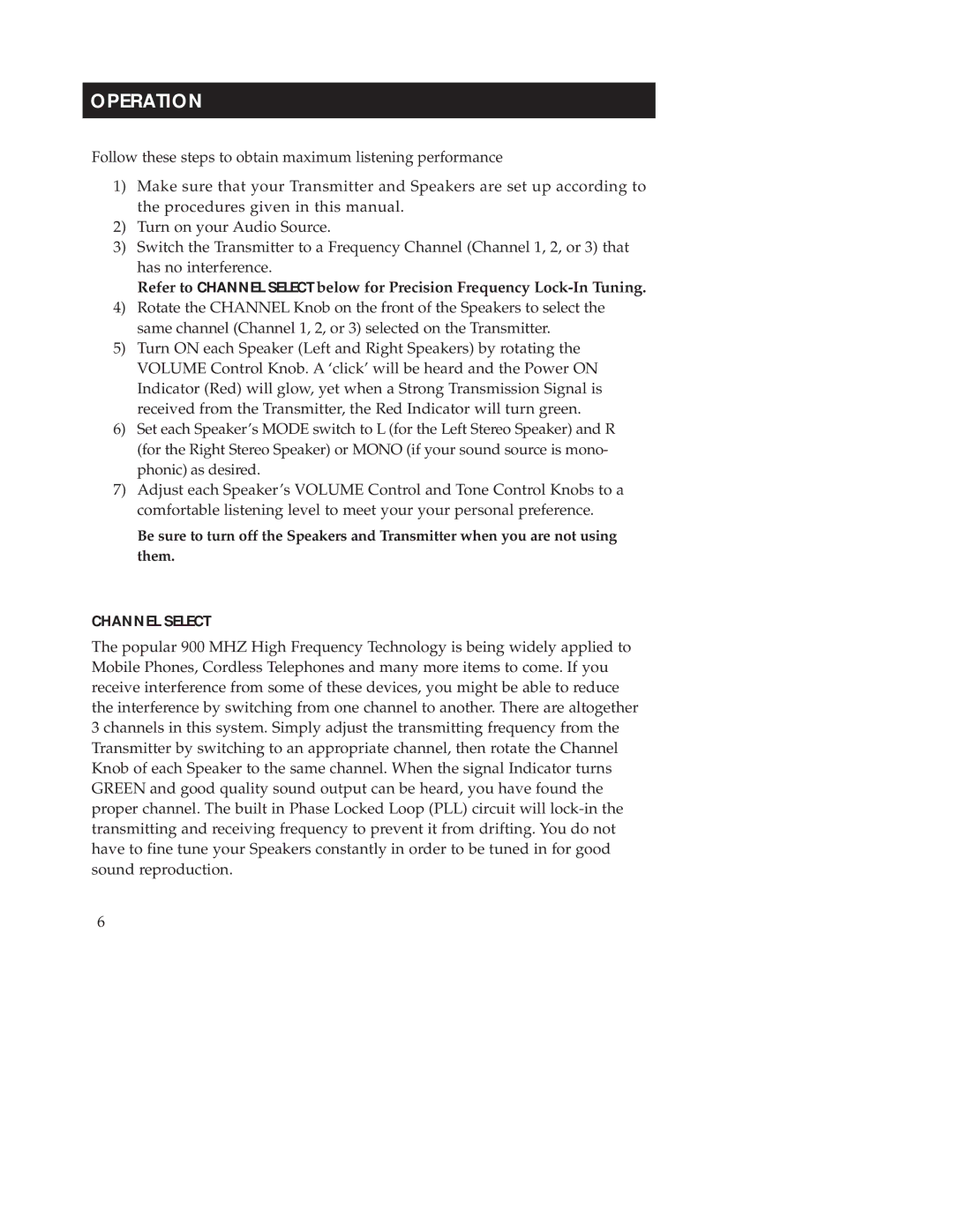 Samsung WSP200 manual Operation, Channel Select 