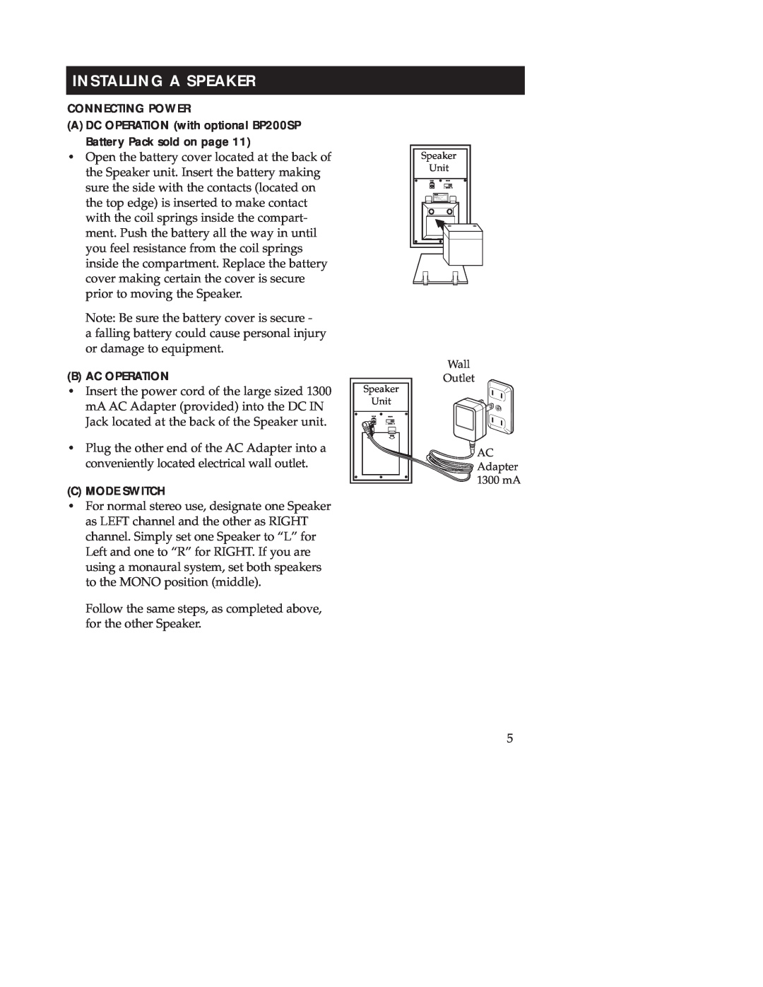 Samsung WSP200 manual Installing A Speaker 
