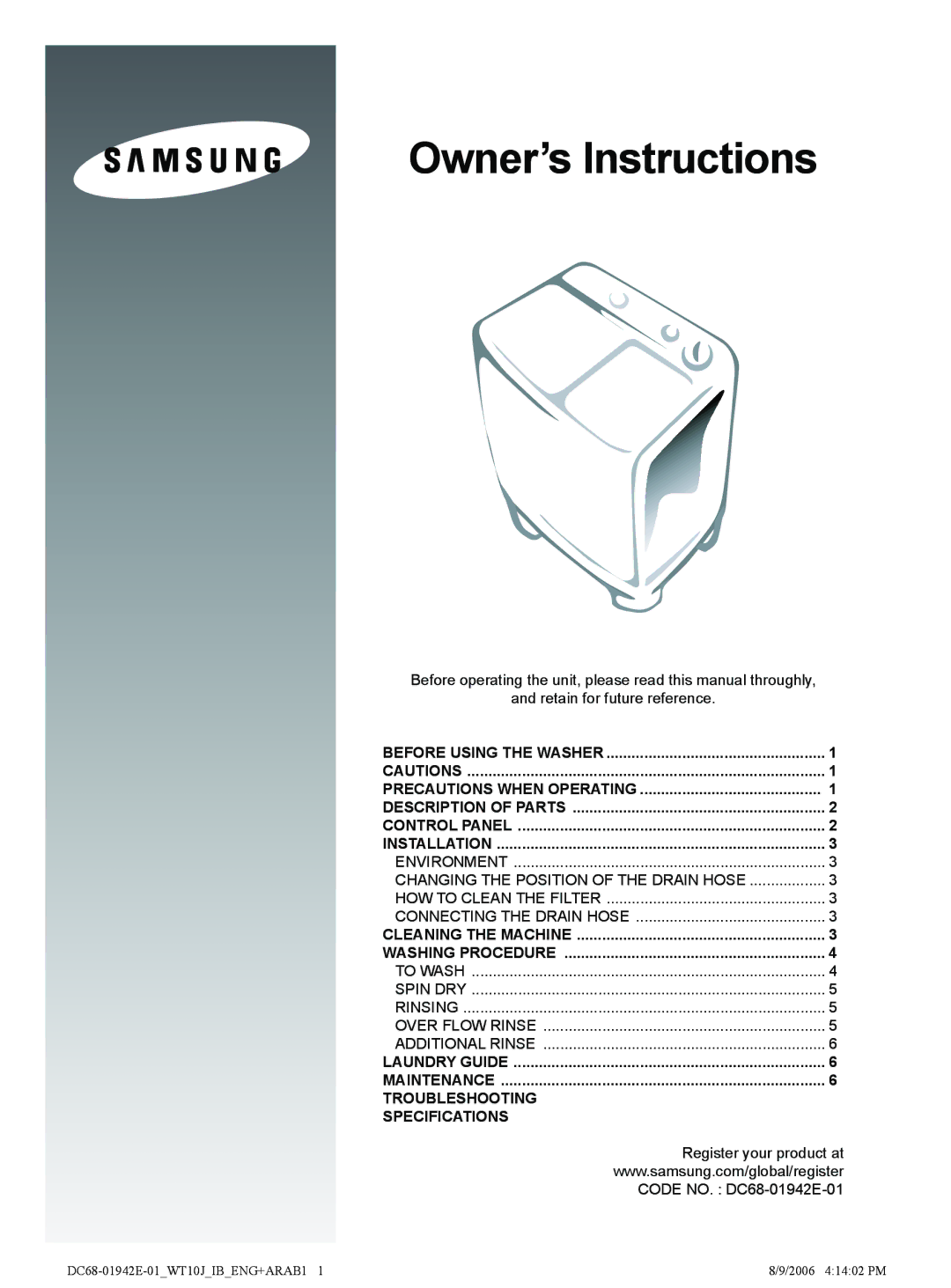 Samsung WT10J7NW/YL, WT11J7NW/YL manual Troubleshooting Specifications, Register your product at, Code NO. DC68-01942E-01 