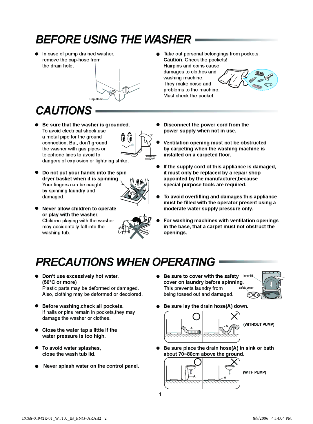 Samsung WT10J7PEW1/YAK, WT11J7NW/YL, WT10J7NW/YL, WT12J7IW1/XSG manual Before Using the Washer, Precautions When Operating 