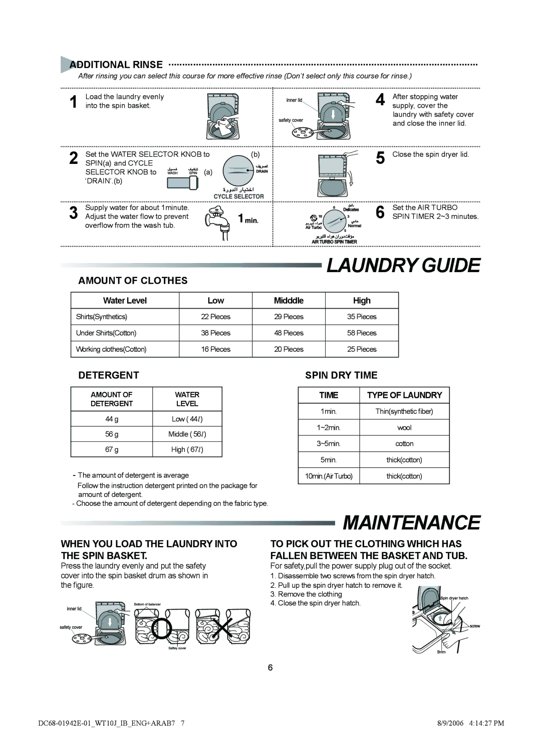 Samsung WT12J7IW1/XSG, WT11J7NW/YL, WT10J7NW/YL, WT10J7PEW1/YAK Maintenance, Amount of Clothes, Detergent, Spin DRY Time 