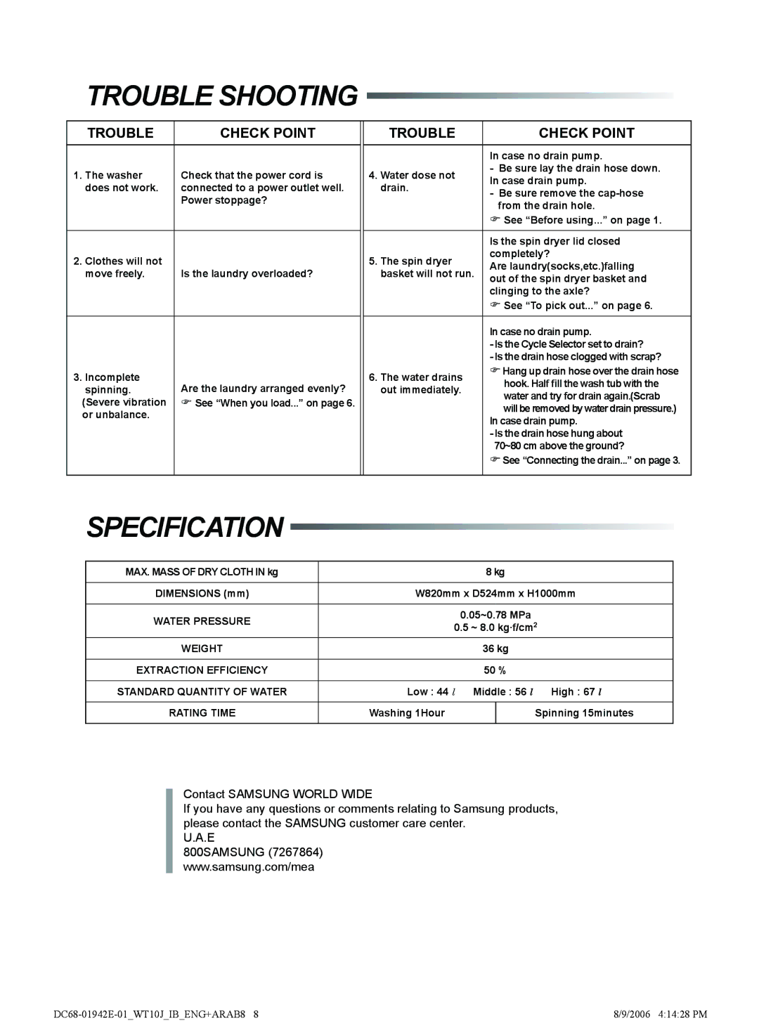 Samsung WT11J7NW/YL, WT10J7NW/YL, WT10J7PEW1/YAK, WT12J7IW1/XSG manual Trouble Shooting, Specification, Trouble Check Point 