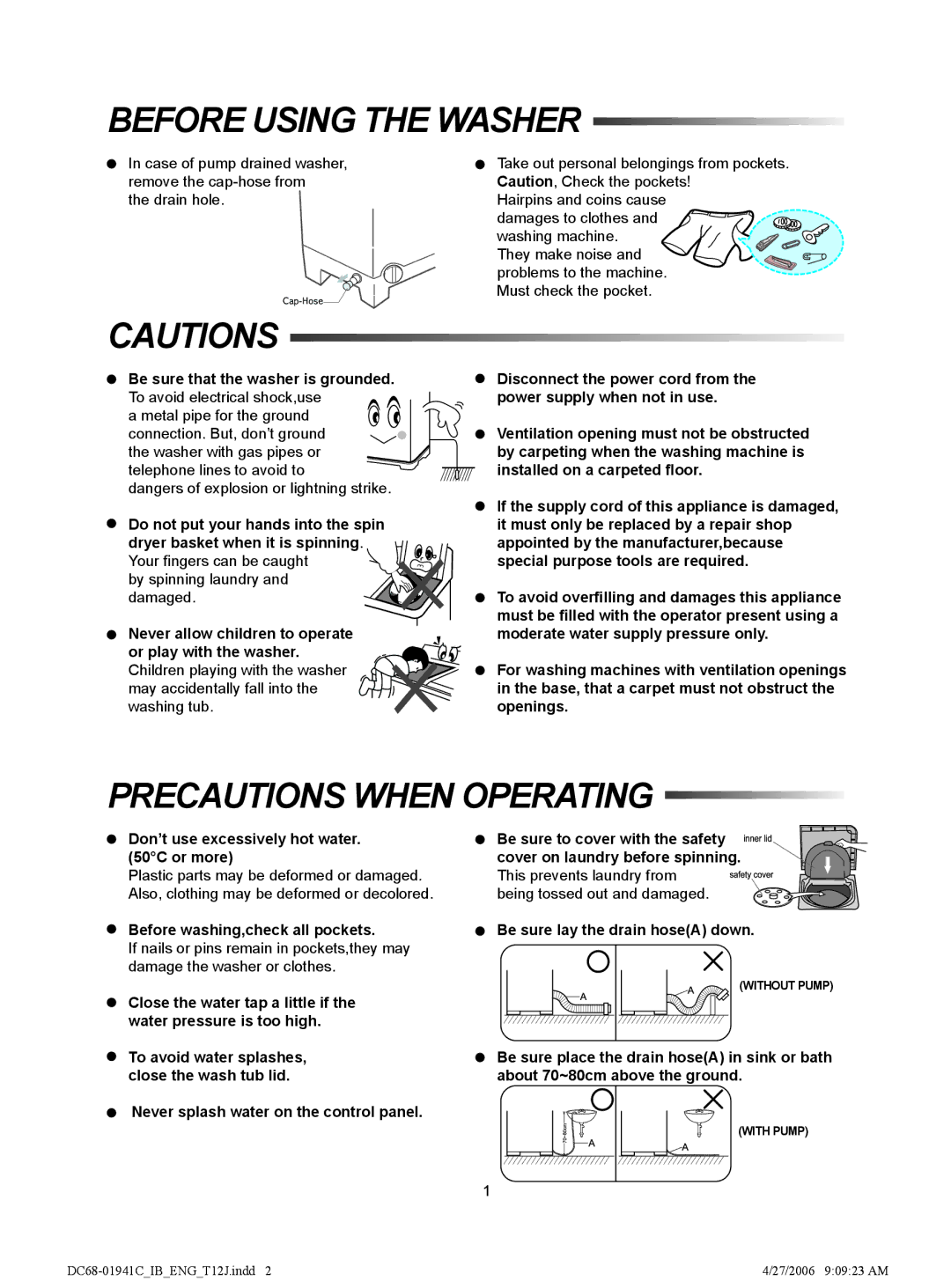 Samsung WT12J7IW/XSG, WT11J7NW/YL, WT12J7PIW/XSG, WT12J7PEW/XSG manual Before Using the Washer, Precautions When Operating 