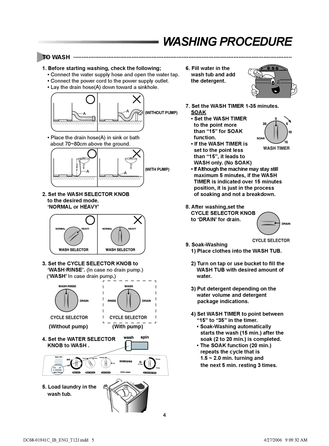 Samsung WT12J7EW/XSG, WT11J7NW/YL manual Washing Procedure, To Wash, Before starting washing, check the following, Soak 