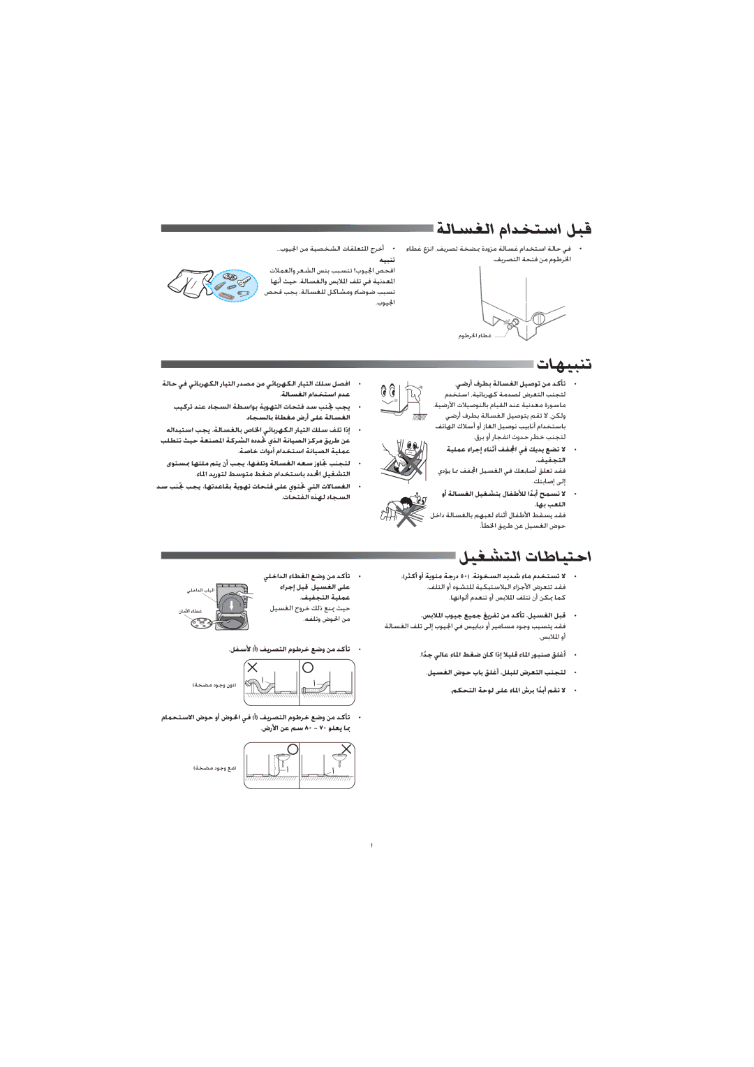 Samsung WT12J7IW/XSG, WT11J7NW/YL, WT12J7PIW/XSG, WT12J7PEW/XSG, WT16J7IW1/XSG ﺔﻟﺎﺴﻐﻟا ماﺪﺨﺘﺳا ﻞﺒﻗ, تﺎﻬﻴﺒﻨﺗ, ﻞﻴﻐﺸﺘﻟا تﺎﻃﺎﻴﺘﺣا 