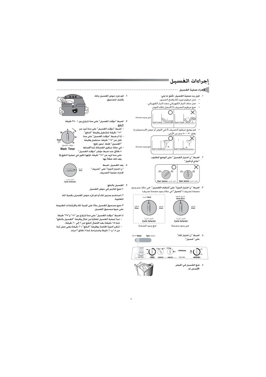 Samsung WT12J7EW/XSG manual ﻞﻴﺴﻐﻟا تاءاﺮﺟإ, ﻞﻴﺴﻐﻟا ﺔﻴﻠﻤﻋ ءاﺮﺟﻹ, ﺔﻔﻴﻇو ﻞﻤﻌﺘﺳ ،ﺔﻘﻴﻗد «١٥» ﻦﻋ ﻞﻘﺗ ﻊﻘﻧ نوﺪﺑ .ﻂﻘﻓ «ﻞﻴﺴﻐﻟا» 