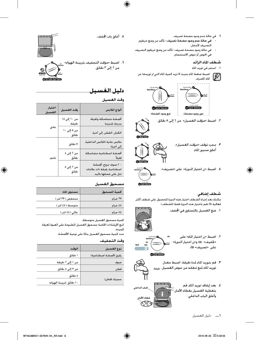 Samsung WT40J8BNC1/YL, WT50J8BFC/YL, WT40J8BFC1/YL manual ليسغلا ليلد, ليسغلا تقو, ليسغلا قوحسم, فيفجتلا تقو, يفاضإ فطش 