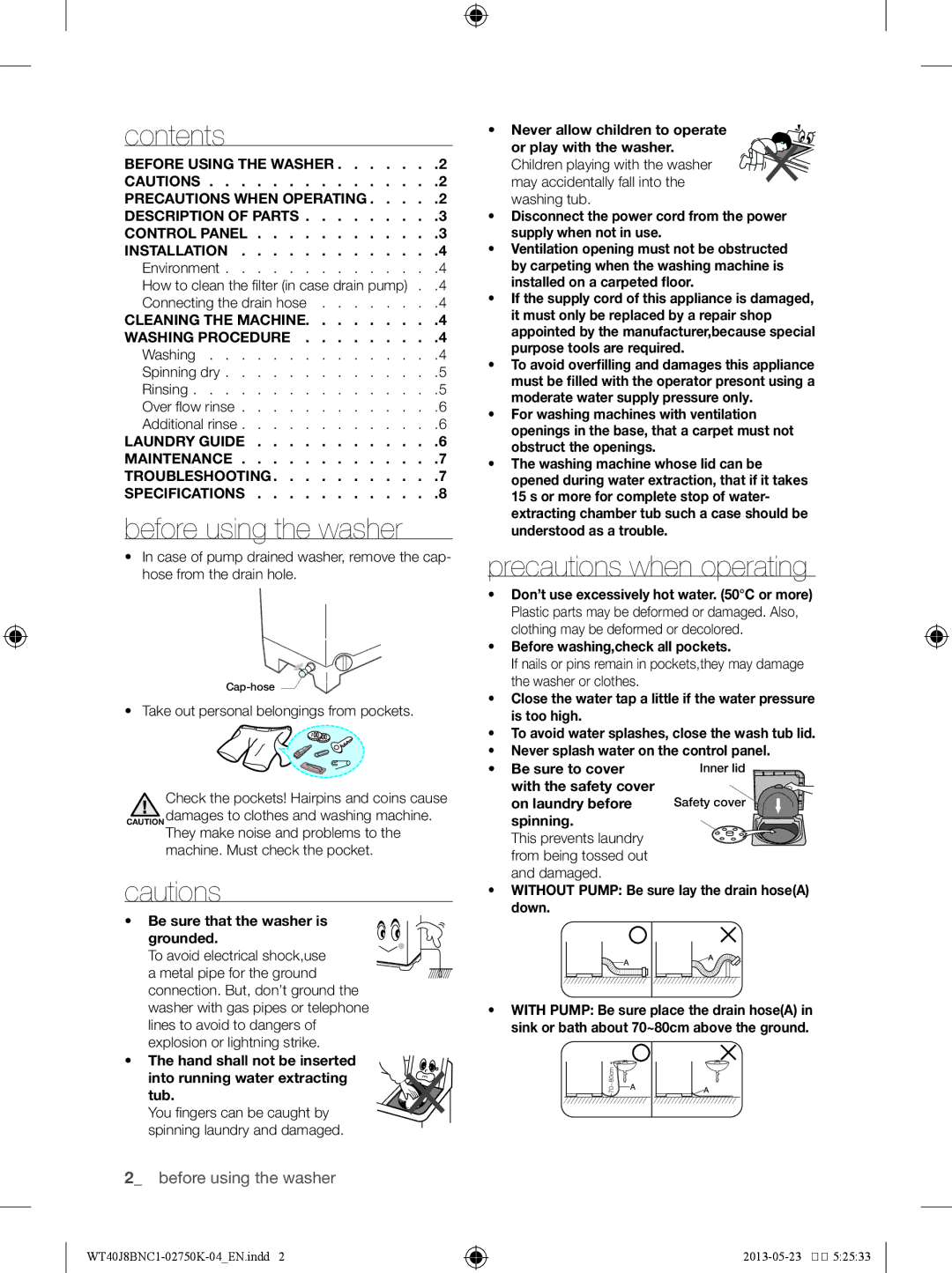 Samsung WT40J8BNC1/YL, WT50J8BFC/YL, WT40J8BFC1/YL manual Contents, Before using the washer, Precautions when operating 