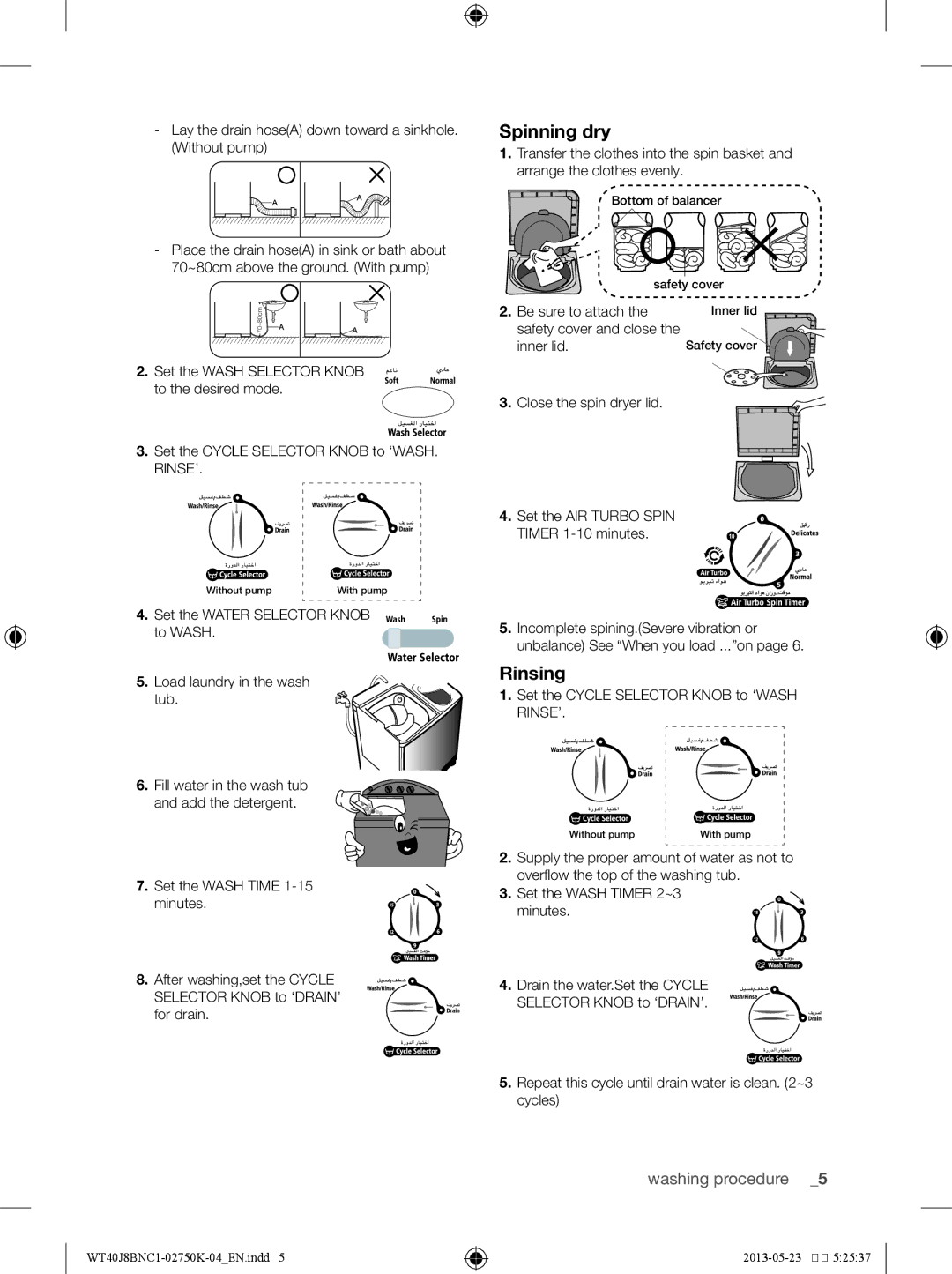 Samsung WT40J8BNC1/YL, WT50J8BFC/YL, WT40J8BFC1/YL manual Spinning dry, Rinsing, Washing procedure 