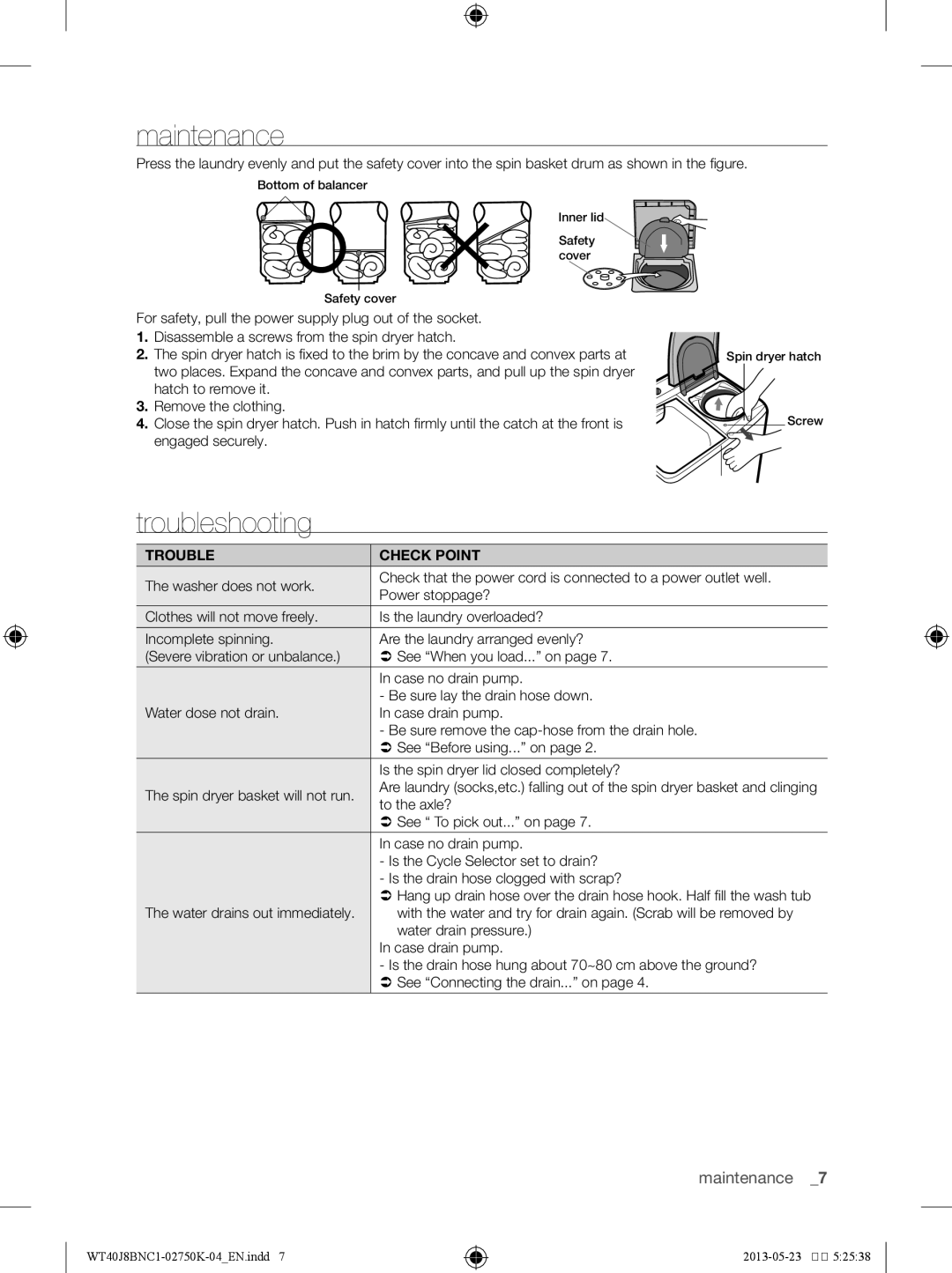 Samsung WT40J8BFC1/YL, WT50J8BFC/YL, WT40J8BNC1/YL manual Troubleshooting, Maintenance  