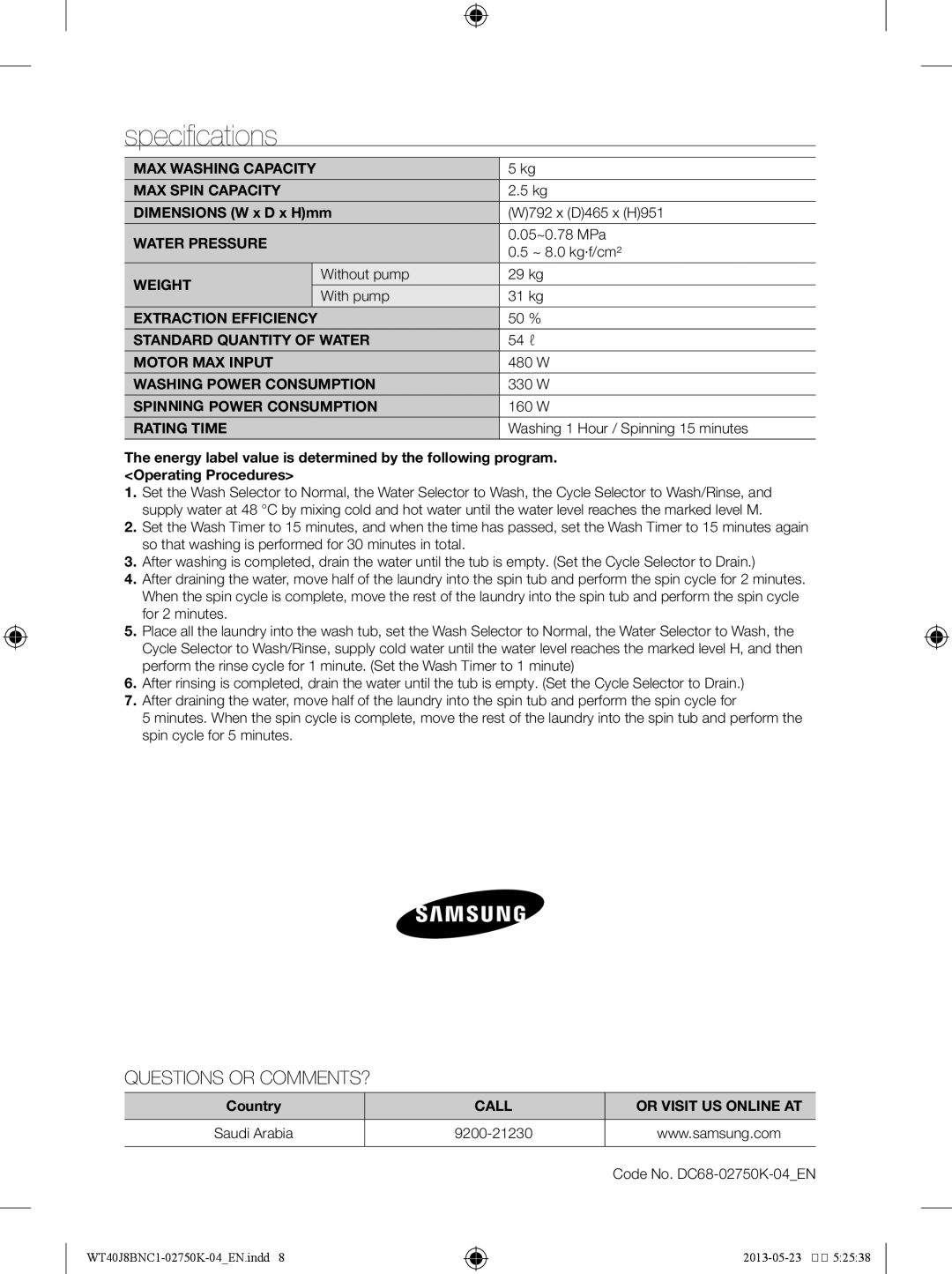 Samsung WT40J8BNC1/YL, WT50J8BFC/YL, WT40J8BFC1/YL manual Specifications 