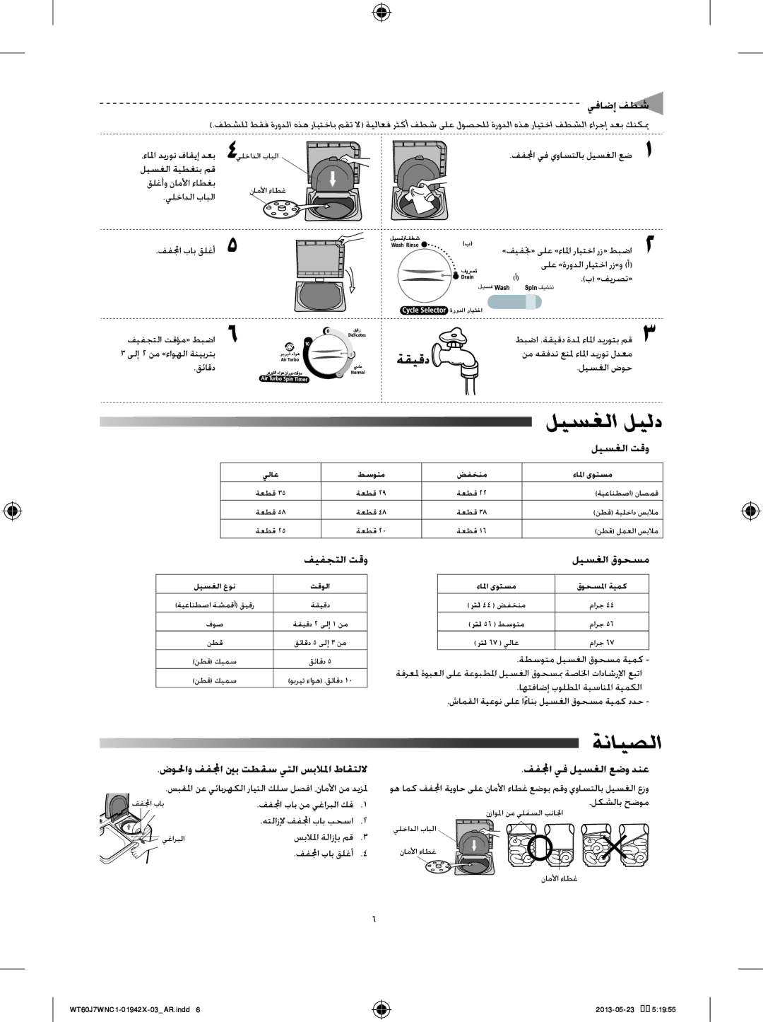 Samsung WT60J7WFC1/YL, WT60J7WNC1/YL, WT70J7WFC/YL ليسغلا ليلد, ةنايصلا, يفاضإ فطش, ليسغلا تقو, فيفجتلا تقو ليسغلا قوحسم 