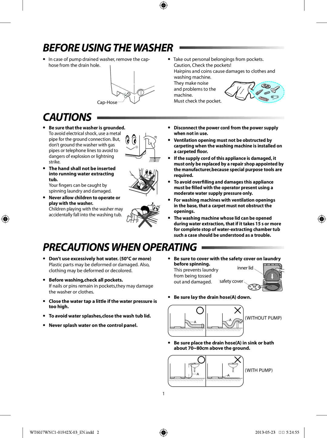 Samsung WT70J7WFC/YL manual Before Using the Washer, Precautions When Operating,  Before washing,check all pockets 