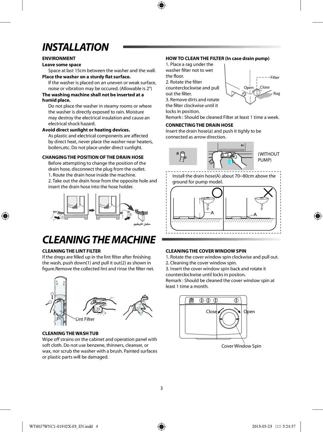 Samsung WT60J7WNC1/YL, WT60J7WFC1/YL manual Installation, Environment, Cleaning the Lint Filter, Cleaning the Wash TUB 