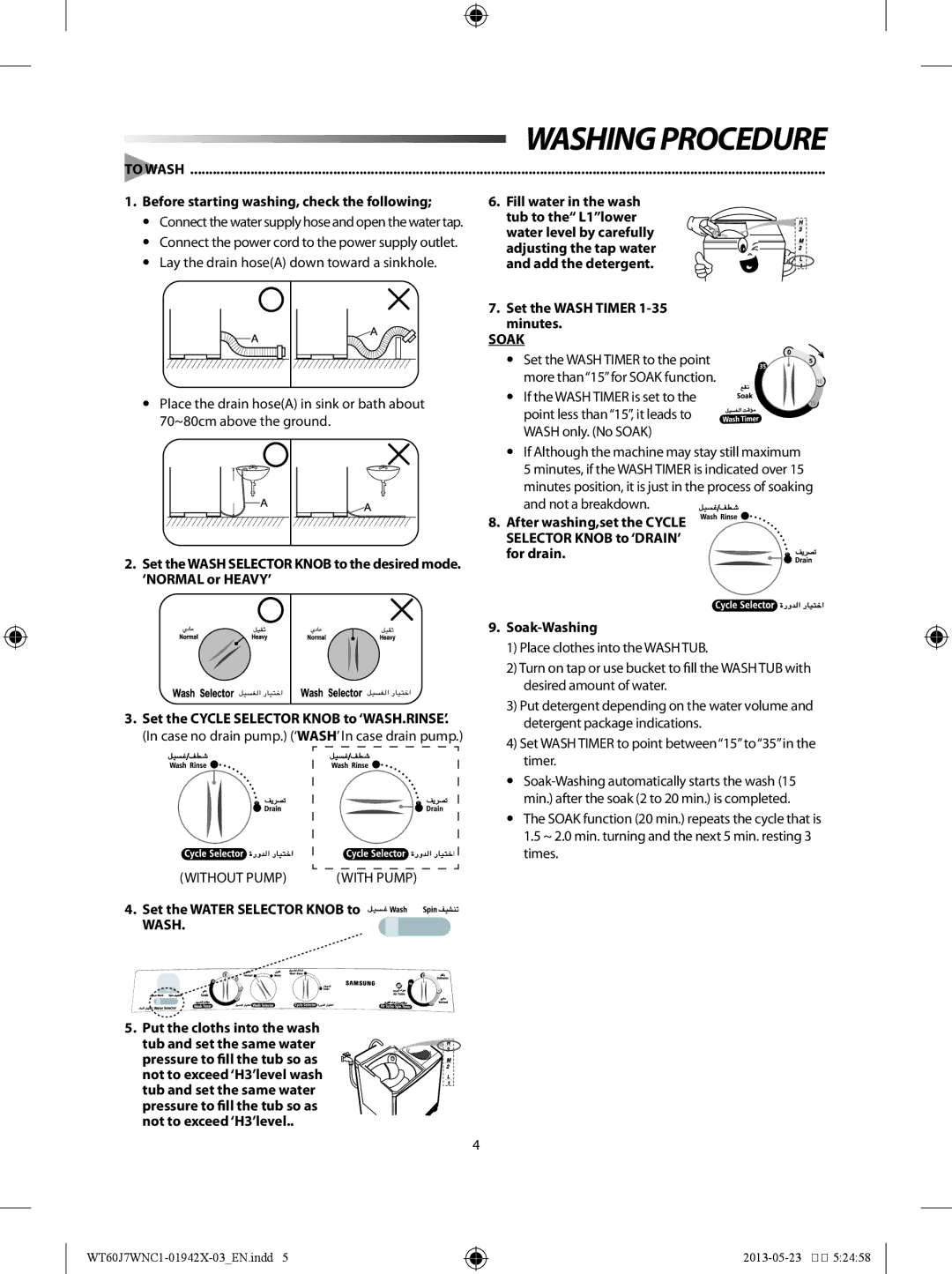 Samsung WT70J7WFC/YL Washingprocedure, Before starting washing, check the following, Set the Wash Timer 1-35 minutes, Soak 