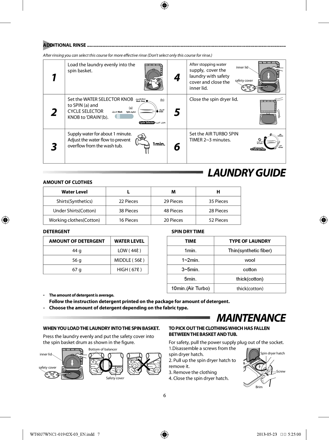 Samsung WT60J7WNC1/YL Maintenance, 1min, Amount of Clothes, Detergent Amount of Detergent, Spin DRY Time Type of Laundry 