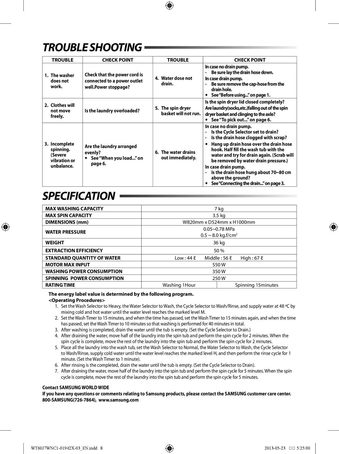 Samsung WT70J7WFC/YL, WT60J7WFC1/YL, WT60J7WNC1/YL manual Trouble Shooting, Specification 