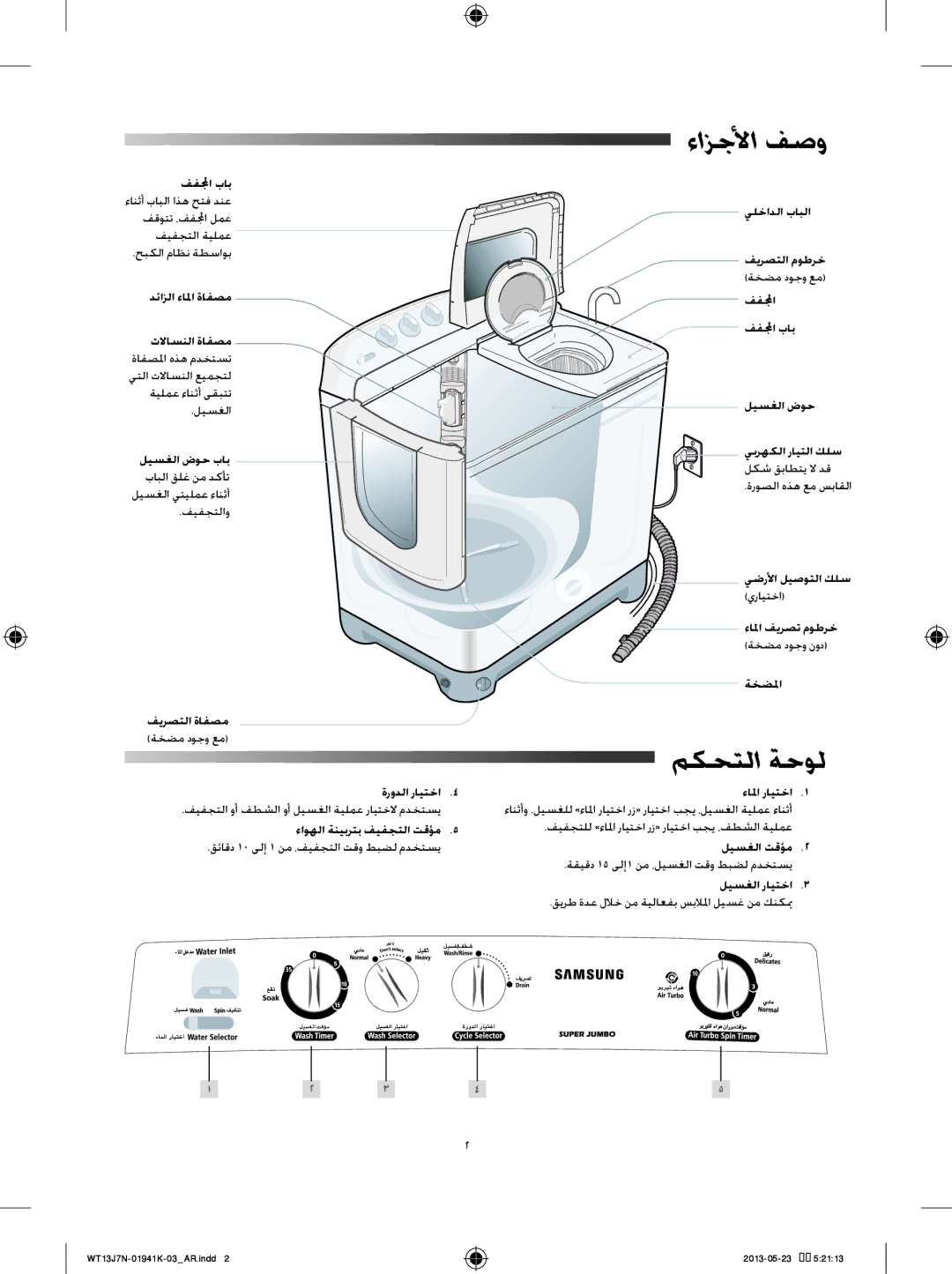 Samsung WT80J7WFC/YL ءازجلأا فصو, مكحتلا ةحول, ليسغلا ضوح باب بابلا قلغ نم دكأت ليسغلا يتيلمع ءانثأ, يضرلأا ليصوتلا كلس 