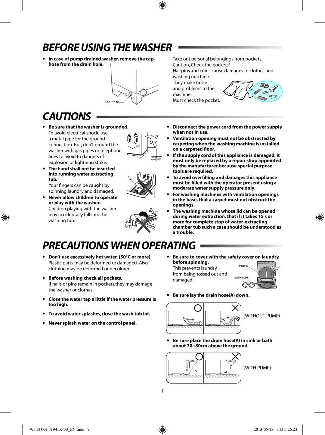 Samsung WT80J7WFC/YL manual Before Using the Washer, Precautions When Operating, Tub,  Before washing,check all pockets 