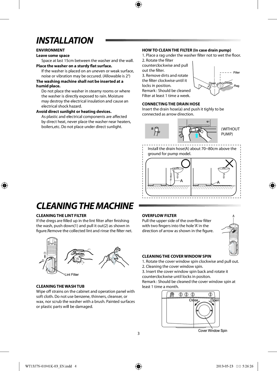 Samsung WT70J7WNC1/YL, WT70J7WFC1/YL, WT80J7WFC/YL manual Installation 