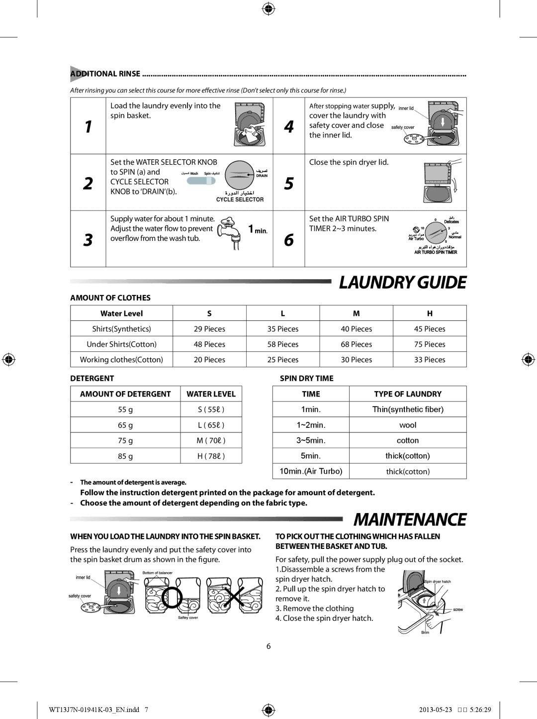 Samsung WT70J7WNC1/YL, WT70J7WFC1/YL manual Laundry Guide, Maintenance, Amount of Clothes, Detergent Amount of Detergent 