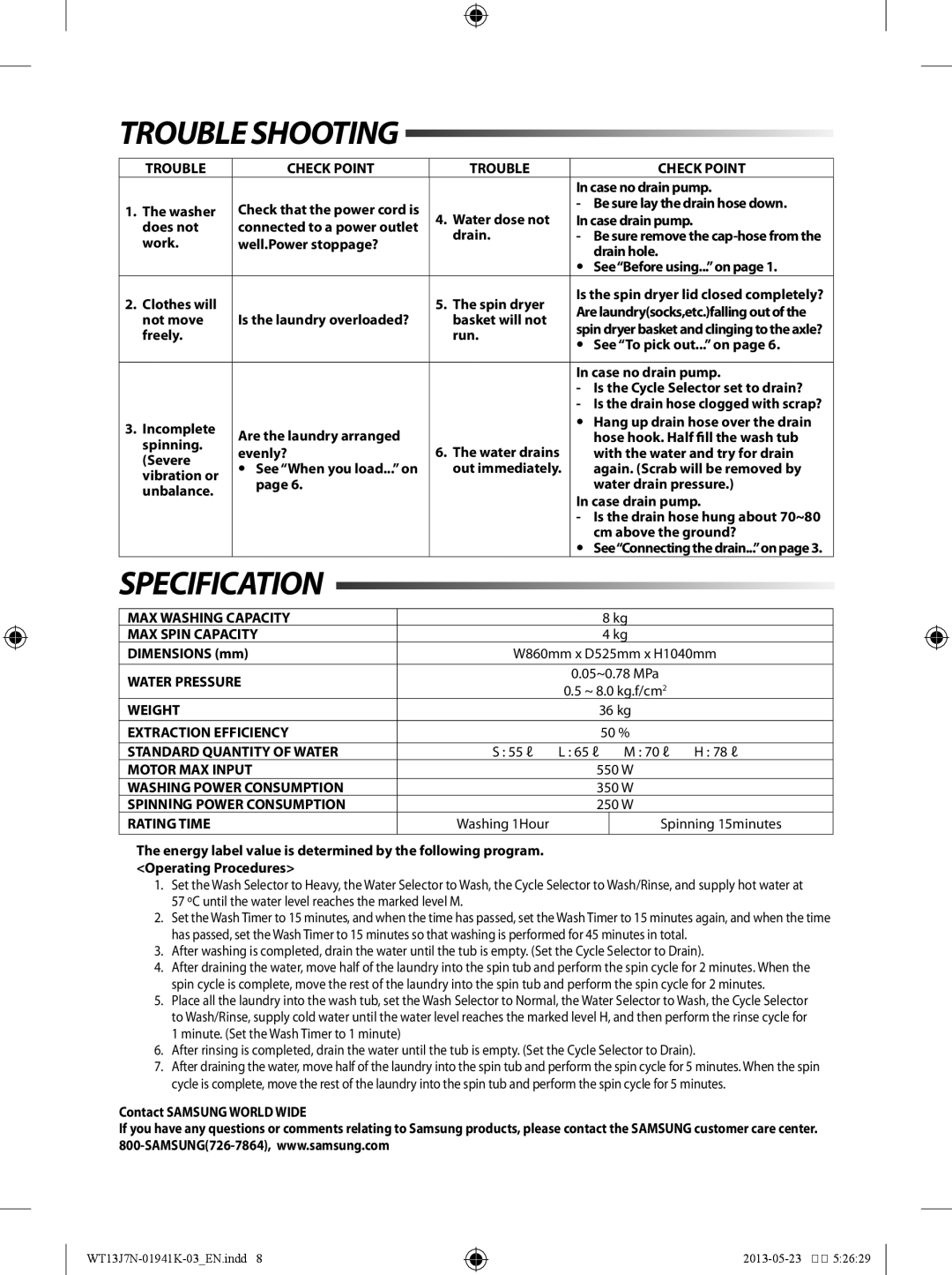 Samsung WT80J7WFC/YL, WT70J7WFC1/YL, WT70J7WNC1/YL manual Trouble Shooting, Specification 