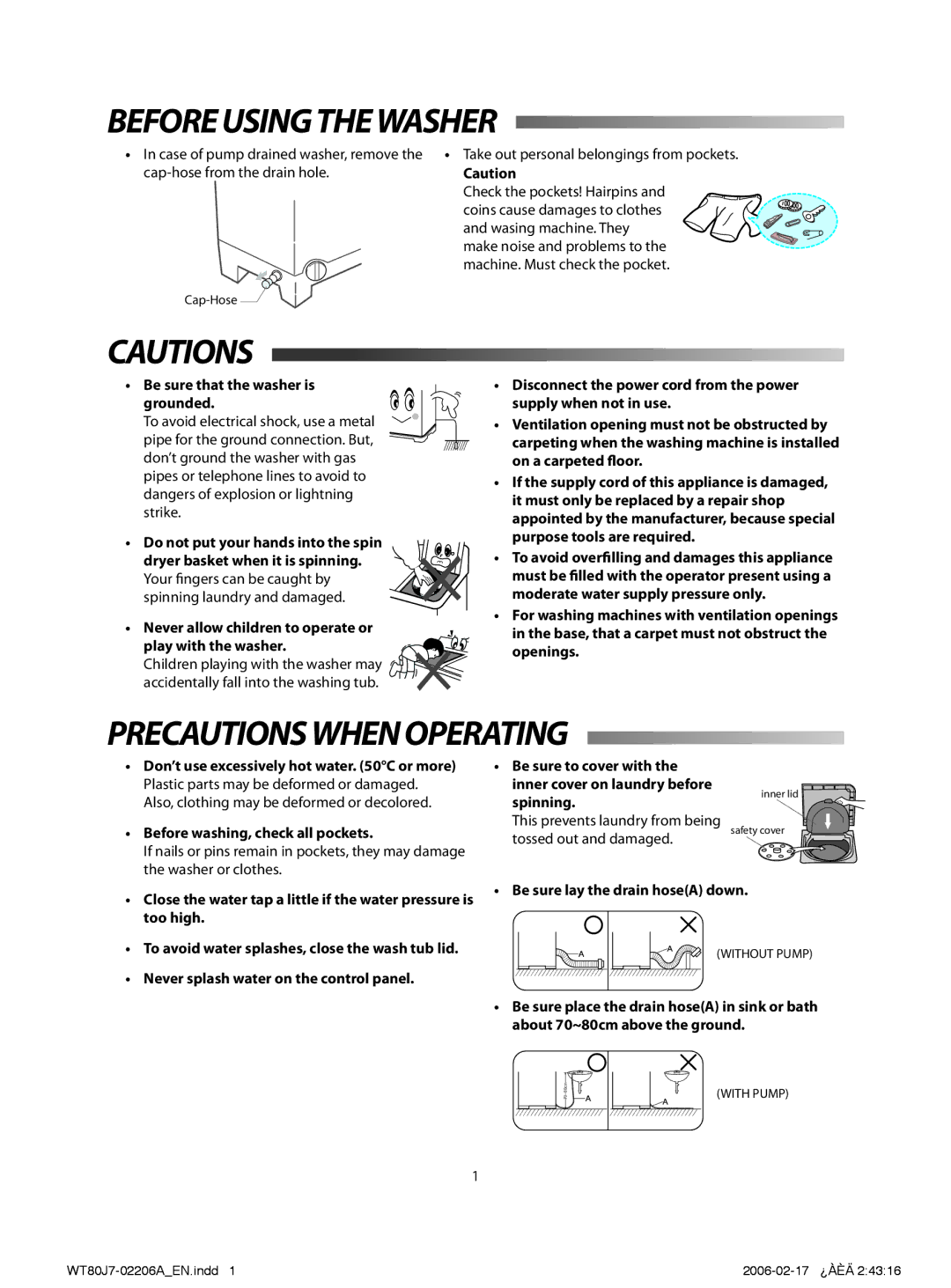 Samsung WT80J7IW/XSG, WT80J7PEW/XSG, WT80J7IW1/XSG, WT80J7EW/YAM, WT80J7EW/XSG Beforeusingthewasher, Precautionswhenoperating 