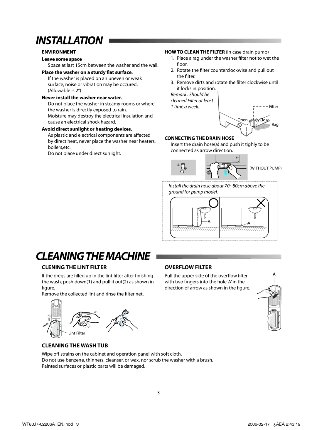 Samsung WT89J7PEW/HAC, WT80J7PEW/XSG manual Installation, Clening the Lint Filter, Overflow Filter, Cleaning the Wash TUB 