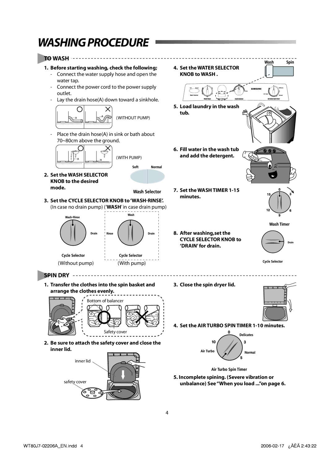 Samsung WT80J7EW/XSG, WT80J7PEW/XSG, WT80J7IW1/XSG, WT80J7IW/XSG, WT80J7EW/YAM manual Washingprocedure, To Wash, Spin DRY 