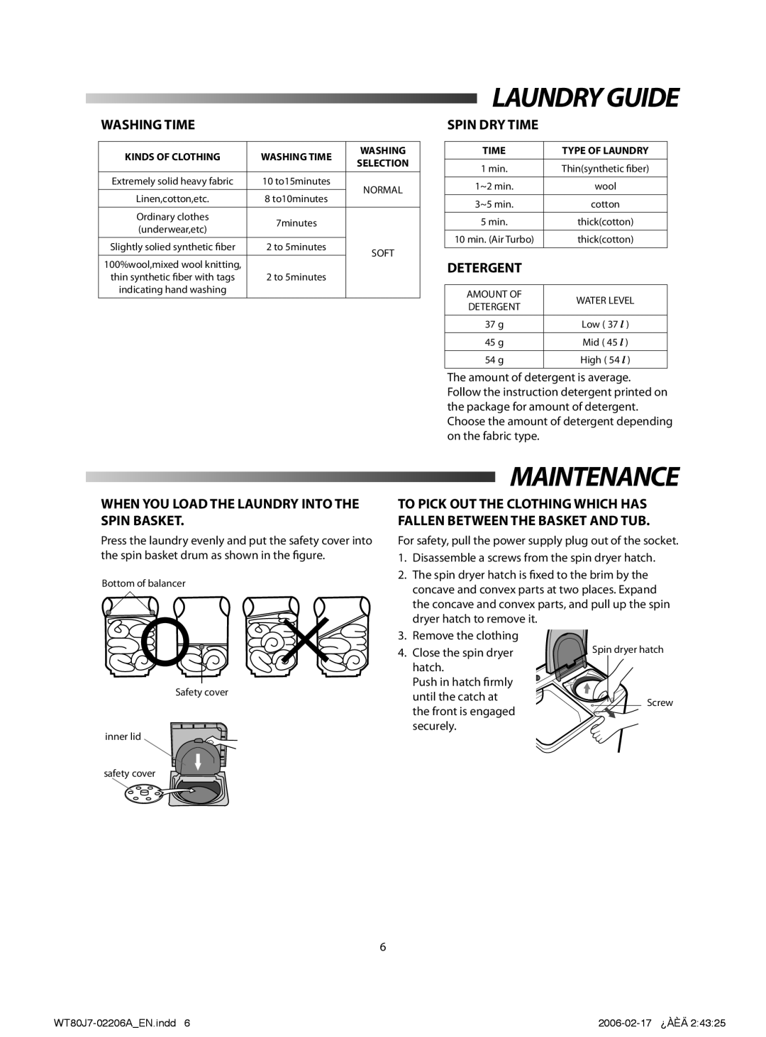 Samsung WT80J7EW/YQH, WT80J7PEW/XSG, WT80J7IW1/XSG, WT80J7IW/XSG, WT80J7EW/YAM, WT89J7PEW/HAC manual Laundryguide, Maintenance 