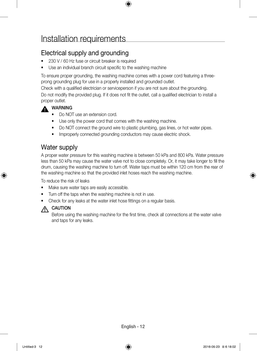 Samsung WW10H8420EW/YL manual Installation requirements, Electrical supply and grounding, Water supply 