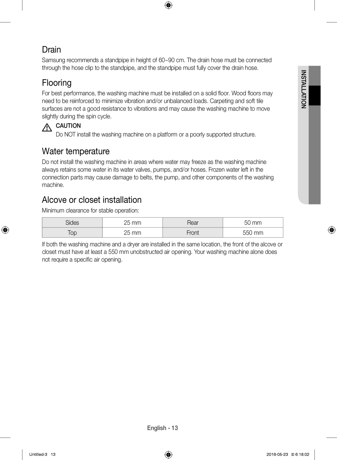 Samsung WW10H8420EW/YL manual Drain, Flooring, Water temperature, Alcove or closet installation 