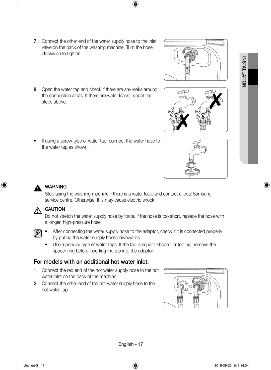 Samsung WW10H8420EW/YL manual For models with an additional hot water inlet 