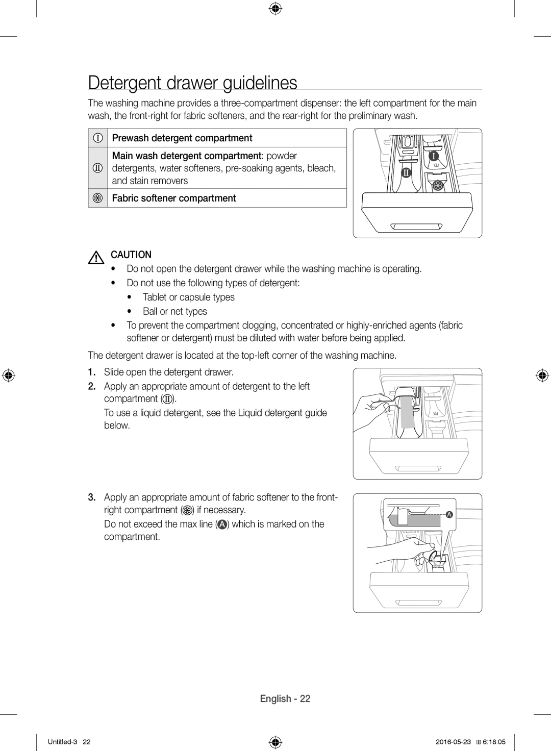 Samsung WW10H8420EW/YL manual Detergent drawer guidelines 