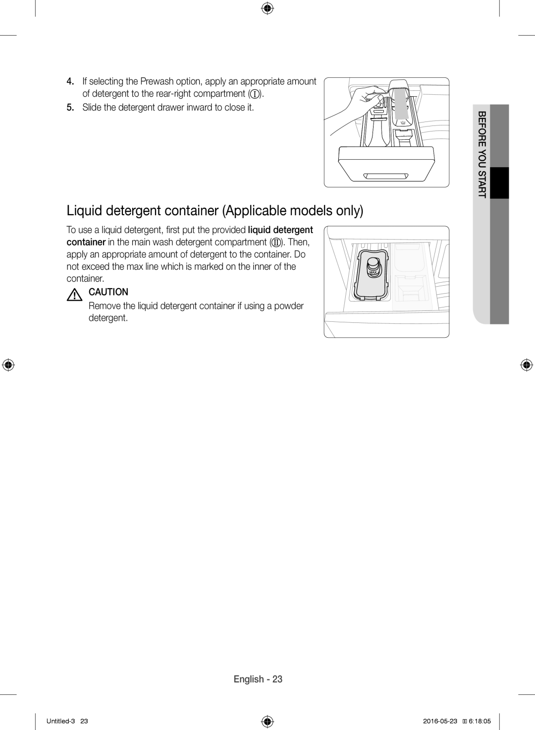 Samsung WW10H8420EW/YL manual Liquid detergent container Applicable models only 