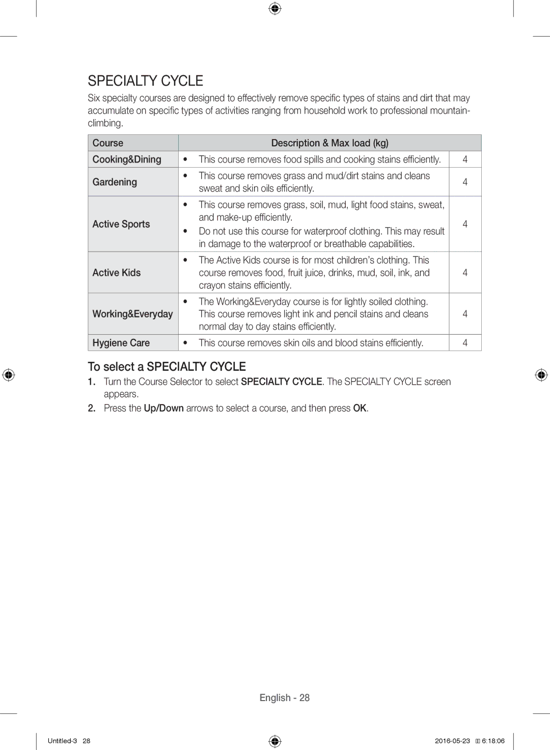 Samsung WW10H8420EW/YL manual Specialty Cycle 