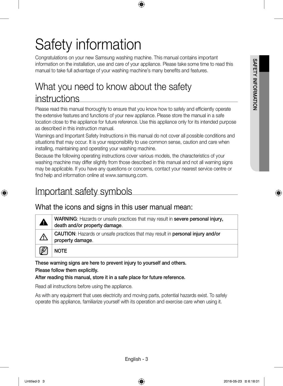 Samsung WW10H8420EW/YL manual Safety information 