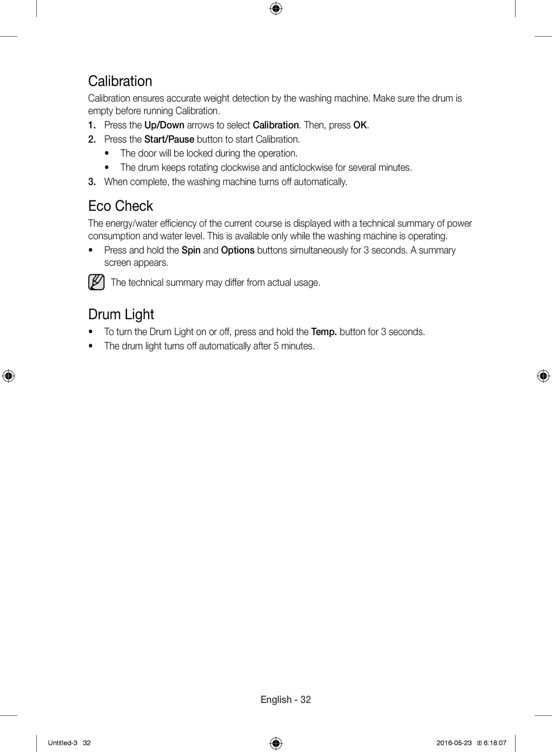 Samsung WW10H8420EW/YL manual Calibration, Eco Check, Drum Light 