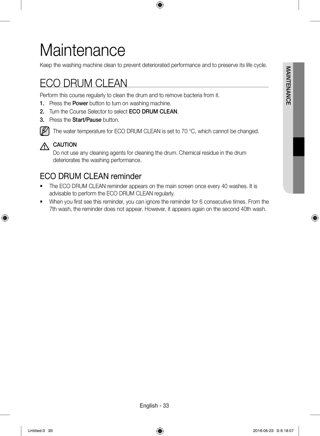 Samsung WW10H8420EW/YL manual Maintenance, ECO Drum Clean reminder 