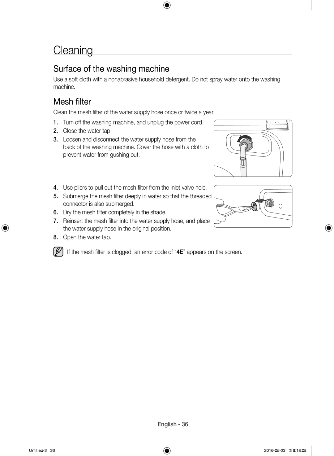 Samsung WW10H8420EW/YL manual Cleaning, Surface of the washing machine, Mesh filter 