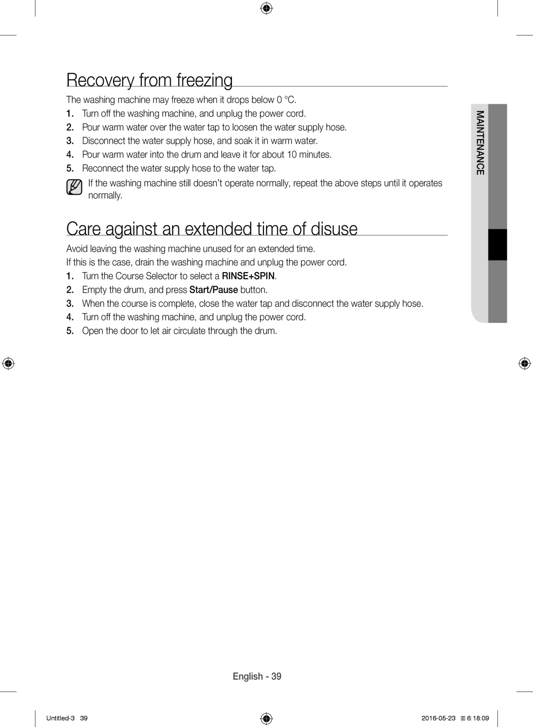 Samsung WW10H8420EW/YL manual Recovery from freezing, Care against an extended time of disuse 